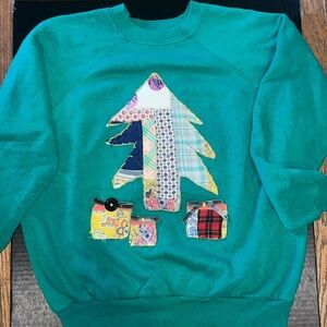 Vintage Upcycled Holiday Patchwork Quilt Christmas Tree Sweatshirt in Green